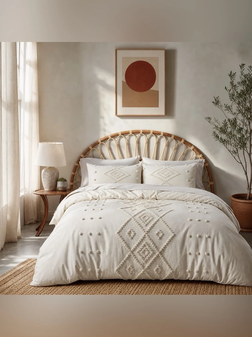 NEW Anthro Beige Cream Boho Queen / King Size Tufted Fringe Bedding Duvet & Sham